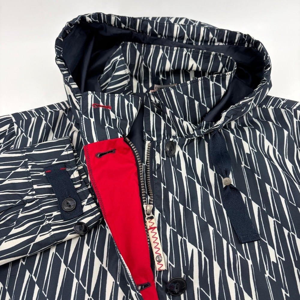 Lands End Womens Navy White Geometric Hooded Rain Jacket Coat Size XL 18